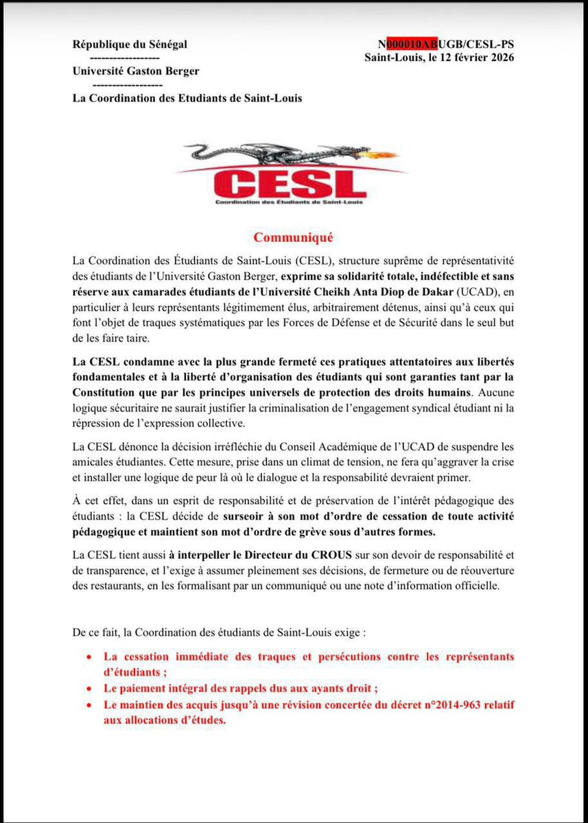 Mustaff221's tweet photo. 🚨🚨La coordination des étudiants de saint Louis CESL décide de surseoir à son mot d’ordre de cessation de toute activité pédagogique 
La CESL se désolidarise-t’-elle ? Les étudiants de l’UCAD se pose la question ! 
… https://t.co/xk4Noz8yE9