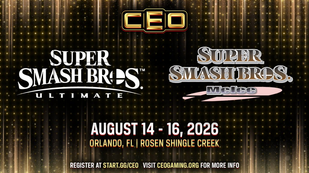 CEOGaming's tweet image. 🚨🚨🚨
Registration for BOTH Super Smash Bros. Ultimate &amp;amp; Super Smash Bros. Melee at #CEO2026 are now LIVE!

- Tournament Registration: start.gg/ceo  
- Event Info: ceogaming.org/ceo 
- #SSBU Rules: ceogaming.org/tournament/ssb…
- #SSBM Rules: ceogaming.org/tournament/ssb…