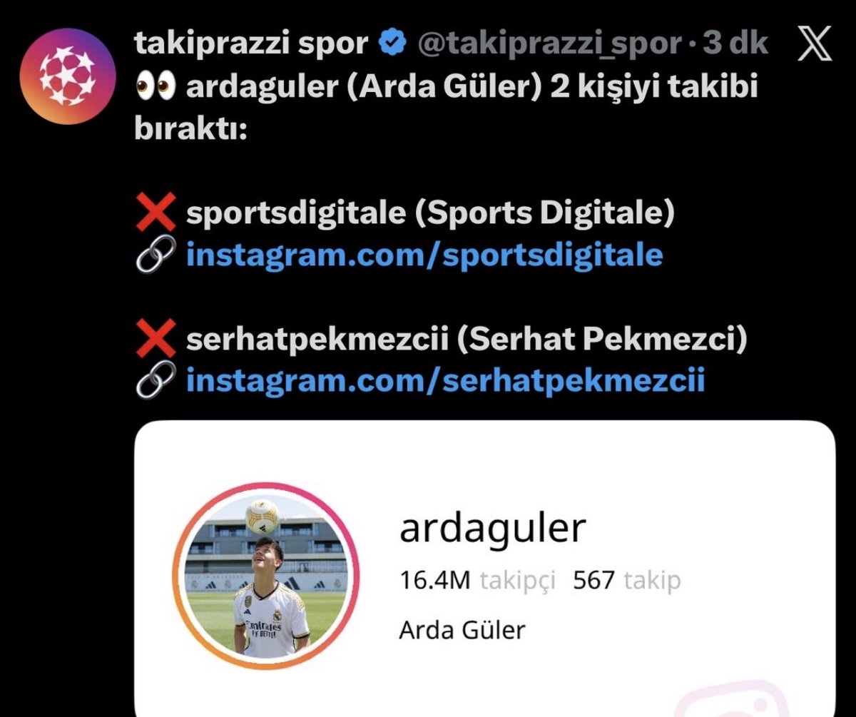 Arda Güler, Serhat Pekmezci'nin açıklamaları sonrası Sports Digitale ve Serhat Pekmezci'yi takipten çıktı!