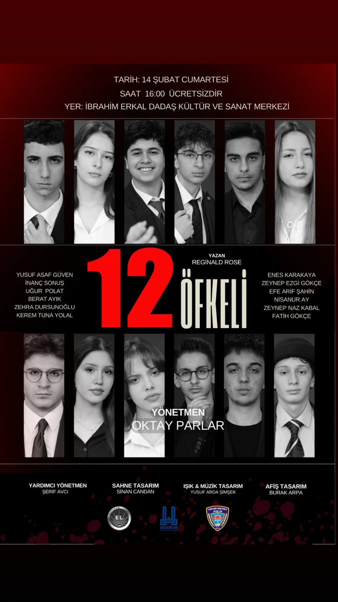 🎭 “12 Öfkeli”

EBB Şehir Tiyatrosu,
Toplum Destekli Polis ve Erzurum Lisesi’nin katkılarıyla…

📅 Cumartesi
🕖 Saat 16.00’da

Adaletin, vicdanın ve insan ruhunun sahnedeki çarpıcı yüzüyle sizlerle!