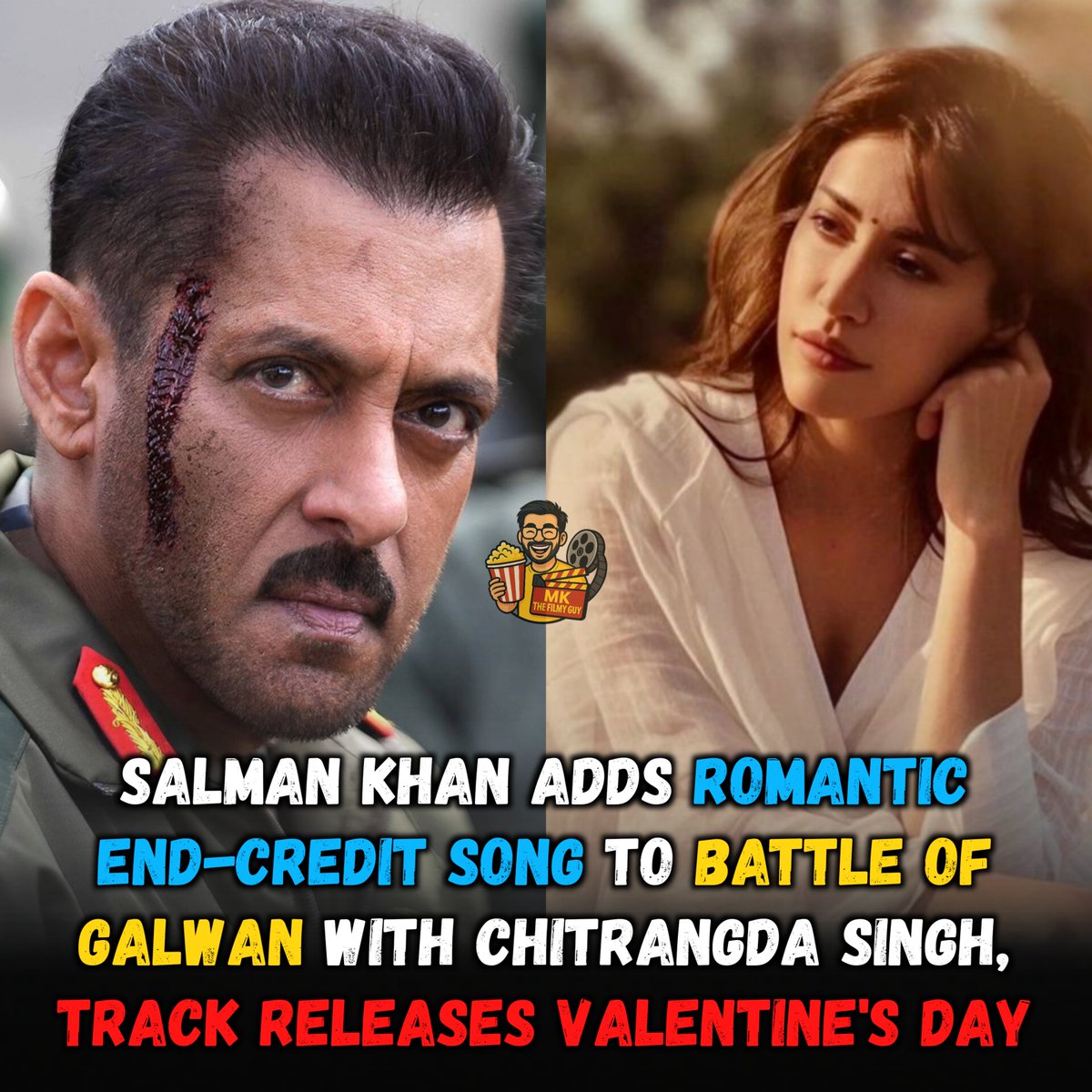 Salman Khan shoots a romantic end-credit song with Chitrangda Singh for Battle Of Galwan. 

Track, sung by Ayaan Lall &amp; Shreya Ghoshal, drops on Valentine’s Day, next promo step for the war drama.

#BattleOfGalwan #SalmanKhan #ChitrangdaSingh #MKTheFilmyGuy