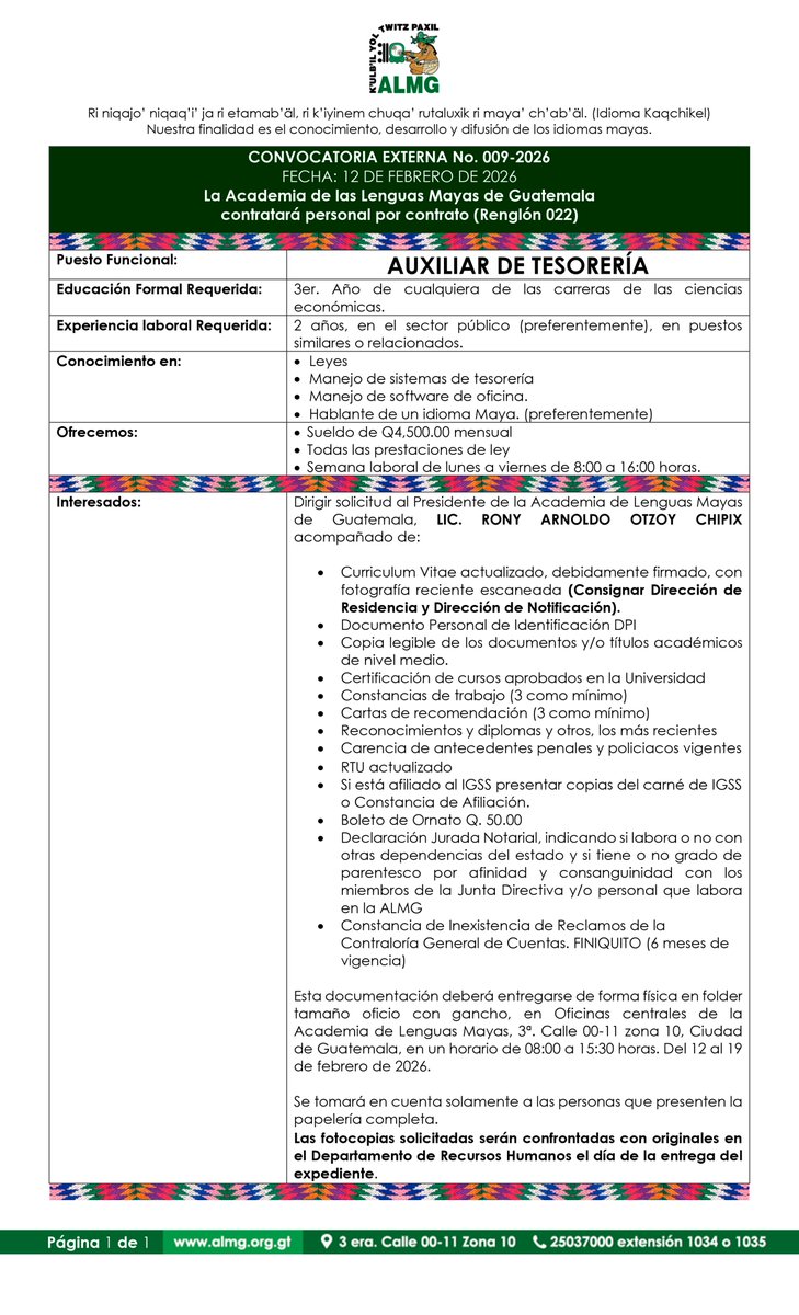 📣 Aplica al puesto de Auxiliar de Tesorería para Sede Central de la ALMG, esta #convocatoria externa No.009-2026, permanecerá abierta del 12 al 19 de febrero. Agradeceremos su difusión. #Tesorería #Linguistica #ALMG #IdiomasMayas