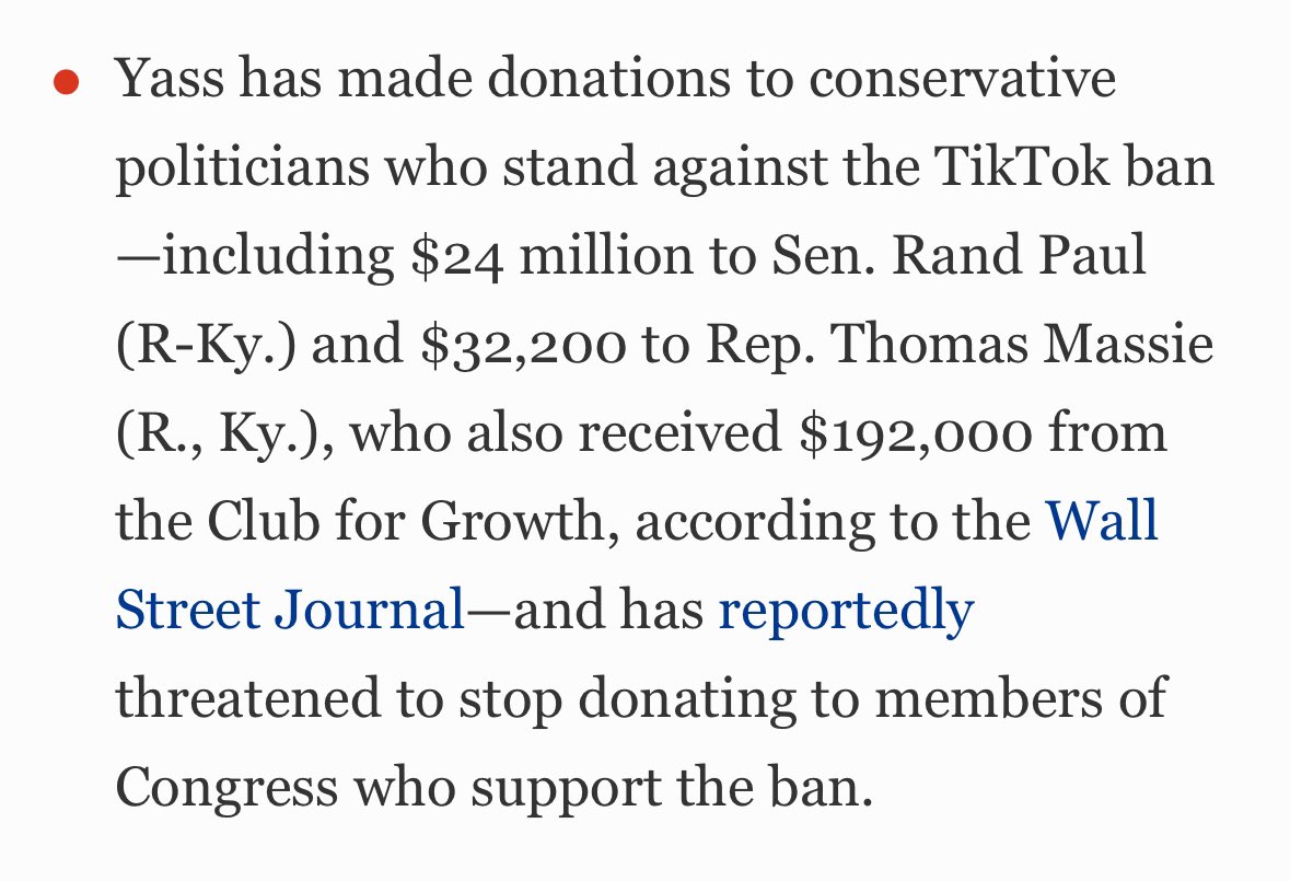 Massie is funded by megazionist Jeff Yass, and by PACs funded by Thiel and Yass. <a href="/TrackAIPAC/">AIPAC Tracker</a> actually admits that Yass funding is zionist funding – but when I asked why they claimed Massie gets no zionist funding, despite taking money from Yass, they blocked me.