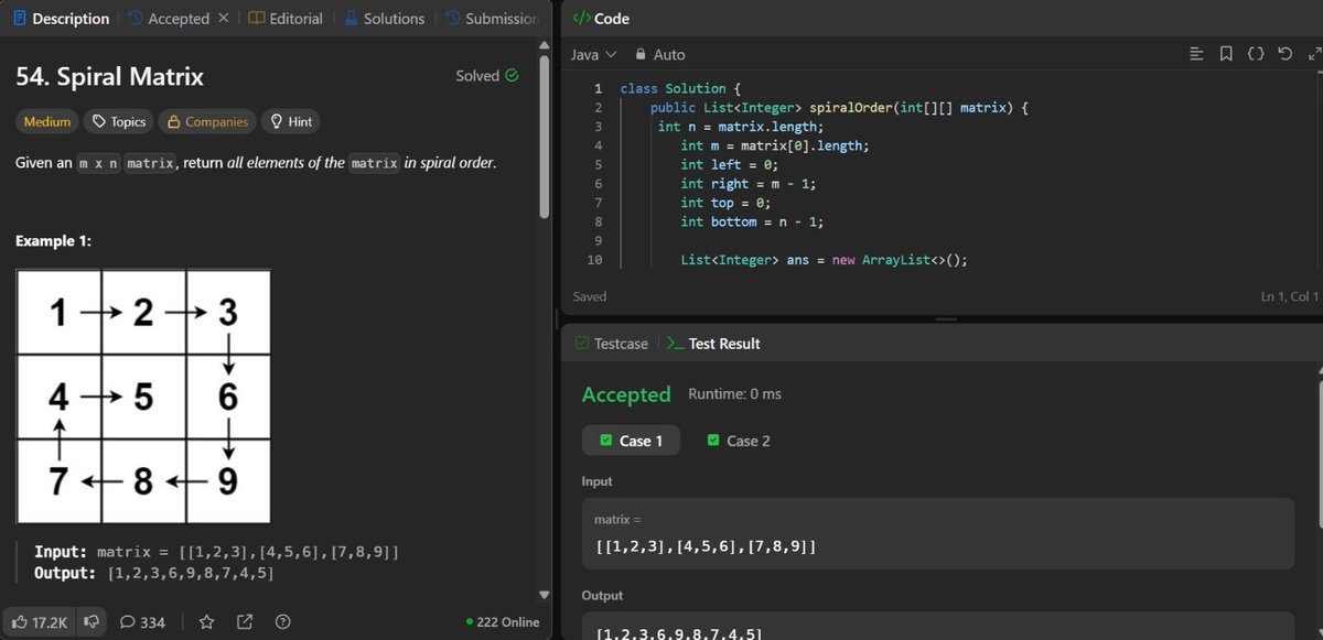 Manyaghand's tweet image. #Day45 of my second #100DaysOfCode

Today was about structured thinking and clean implementation.

DSA
• Solved Spiral Matrix (LeetCode 54)
• Used boundary pointers (top, bottom, left, right) to traverse layer by layer
• Carefully handled edge conditions to avoid duplicates