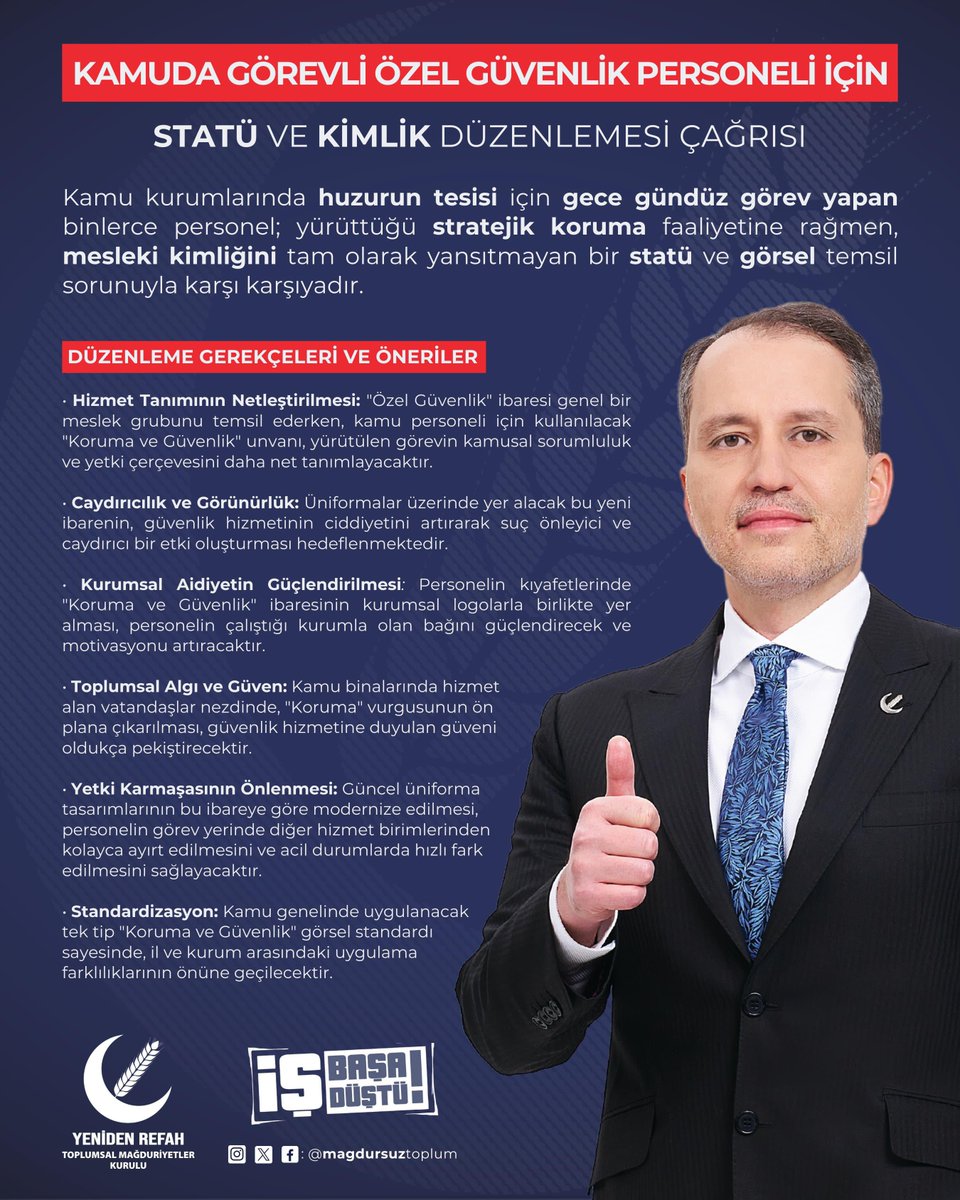 Kamuda güçlü temsil ve tam aidiyet için: 'Koruma ve Güvenlik' statüsü ile mesleki kimlik düzenlemesi hayata geçirilmelidir.

<a href="/erbakanfatih/">Dr. Fatih Erbakan</a> @doganbekin
<a href="/magdursuztoplum/">Toplumsal Mağduriyetler Kurulu</a> 

#kamugüvenliği
#özelgüvenlik