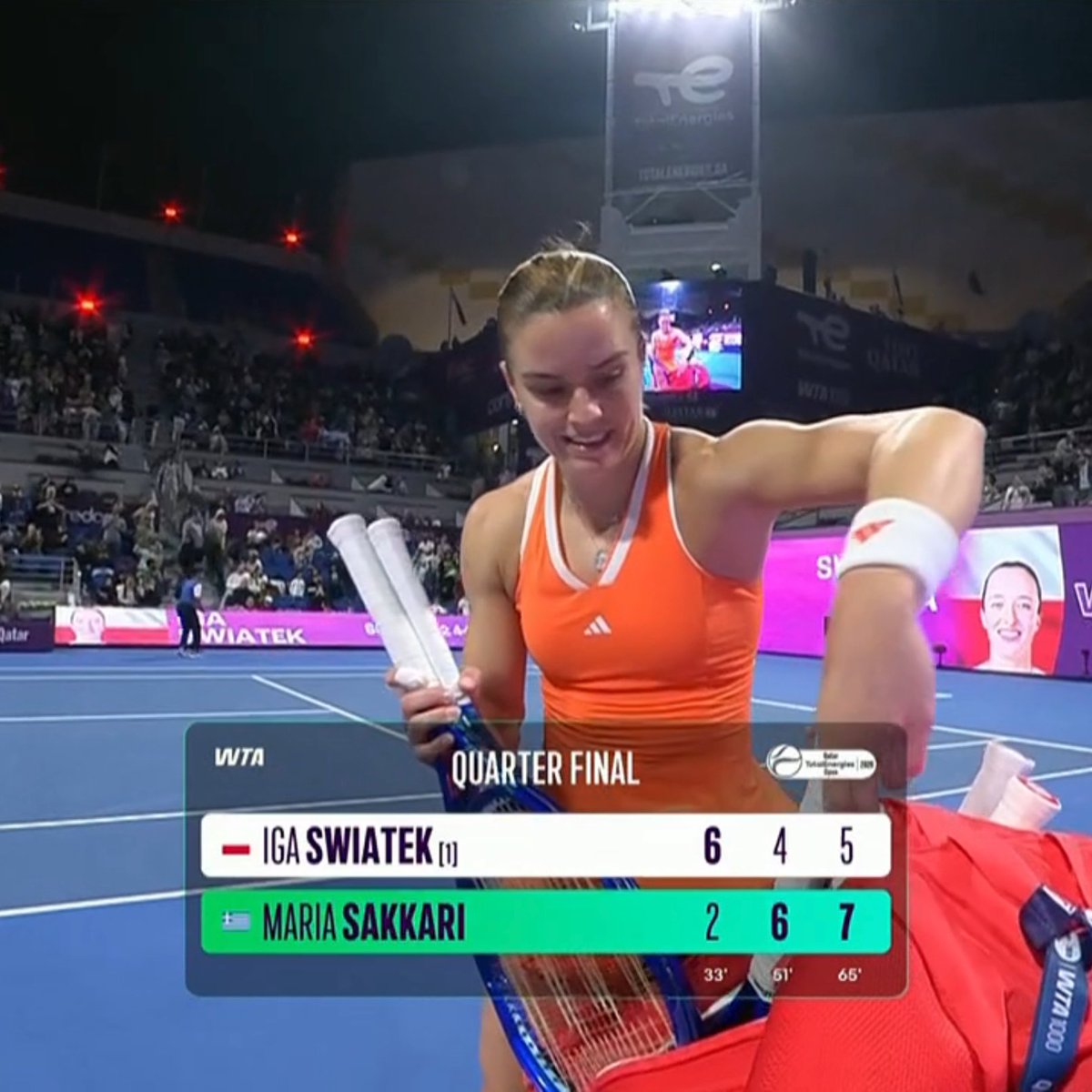 THE STREAK IS OVER 🤯

Previously *109-0* after winning the first set in WTA 1000 (completed) matches, Iga Swiatek is defeated by Maria Sakkari 2-6 6-4 7-5 in Doha!

109-1. Unbelievable run.