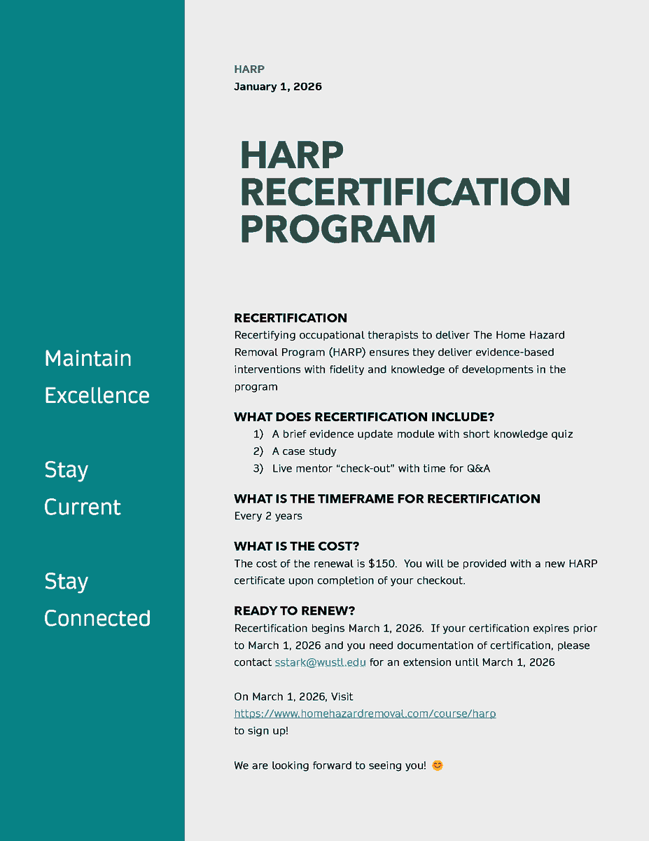 PEPLaboratory's tweet photo. Attention all occupational therapists trained to deliver HARP: Recertification begins March 1, 2026! https://t.co/mdesLcxIhi