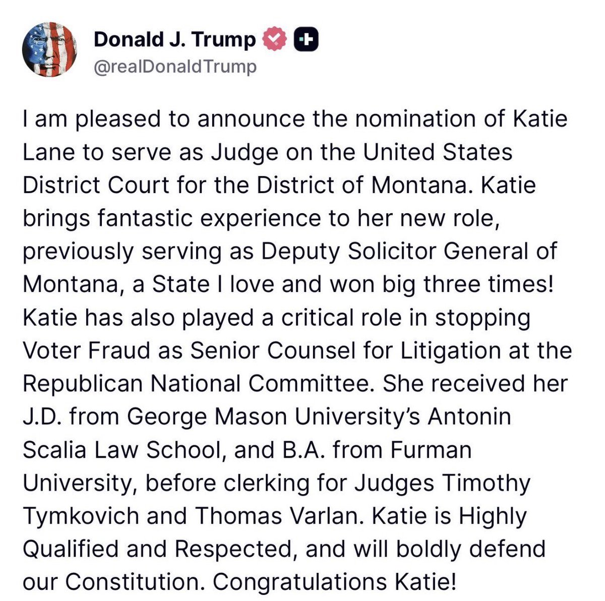 SteveDaines's tweet image. .@TimSheehyMT &amp;amp; I congratulate Katie Lane on her nomination to serve as the next District Judge for Montana. Katie’s experience as Deputy Solicitor General for the State of Montana and in various courts across America gives her the skills and perspectives to serve Montana as