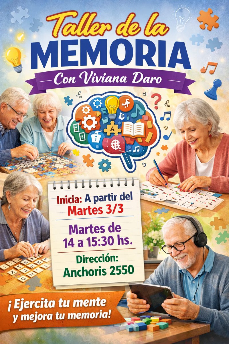 Sí vivís en Rosario y alrededores, te invitamos a participar en el taller de la memoria. 
🏡 Centro de jubilados y pensionados Ceramistas 
Anchoris 2550- Rosario -Santa fe