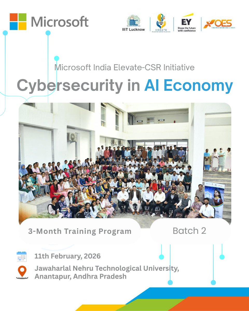 CS_inAI's tweet photo. Batch 2 of our 3-month “Cybersecurity in the AI Economy” program launched on 11 Feb at JNTU Anantapur, AP - with university leadership, faculty &amp; 120 students joining us to build future-ready security skills for the #AIAge. Follow along for expert #Cybersecurity tips &amp; insights! https://t.co/PYCvCv6Wz7