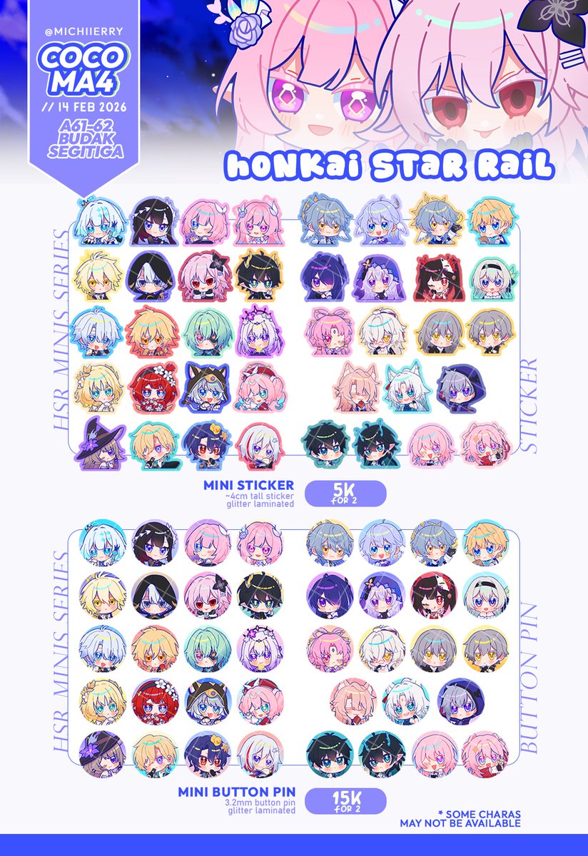 [🔄+💚 appreciated!]
─ hello! here's my onsite #COCOMA4 catalogue!
bringing some new cherry selections this time~🍒🎵
🧷 A61-62 Budak Segitiga
🪴 OTS only!

🧺 hsr ; 18trip ; project sekai

— more below !! (1/3)⤵️
#cocoma4catalogue