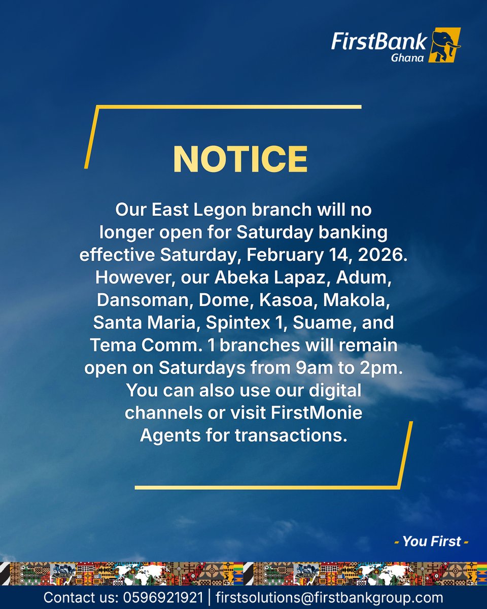 FirstBankGhana's tweet image. Kindly take note. Thank you!

#YouFirst #FirstBankGhana