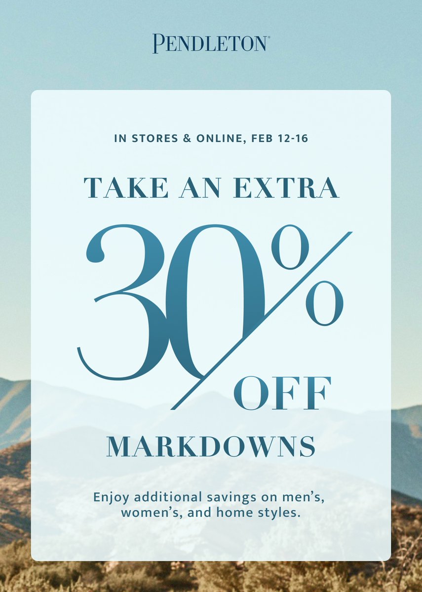Extra 30% off select markdowns, valid 2/12/26 - 2/16/26. Valid online and in retail and outlet stores. Excludes wool shirts. Not valid in affiliate stores. Discount taken before taxes. May not be combined with other offers or used on previous purchases.
