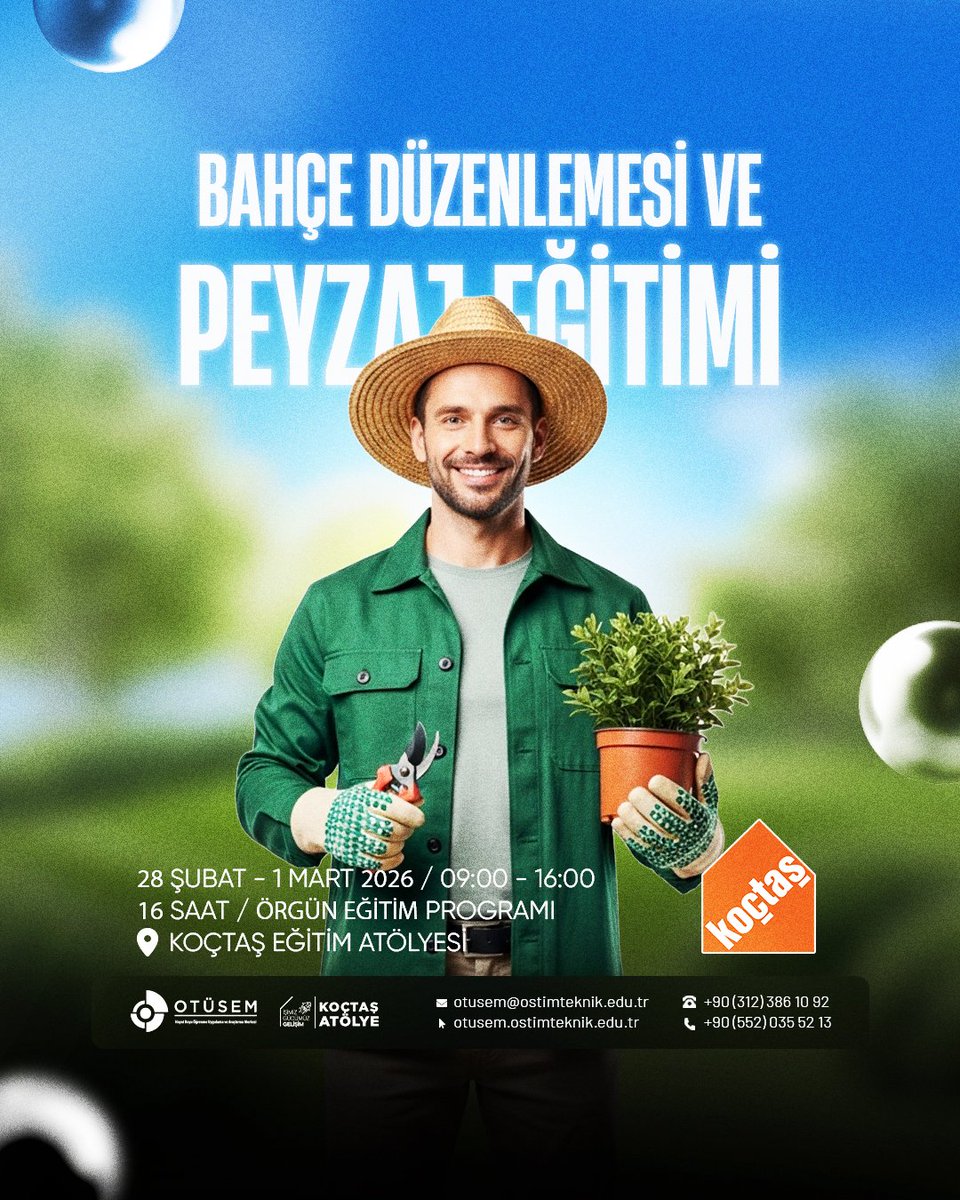 📅Eğitim Tarihi: 28 Şubat - 1 Mart 2026
⏰Eğitim Saati: 09:00–17:00
🕒Eğitim Süresi: 16 Saat (2 Gün)
📍Eğitim Yeri: KOÇTAŞ Atölye (İstanbul)
💰Eğitim Ücreti: 14.500 TL
👨‍🔧Eğitmenler: Onur ÇAĞŞUR &amp; Doğukan ÖZKAN

Bilgi ve Kayıt
otusem.ostimteknik.edu.tr/course/bahce-d…
0 552 035 52 13