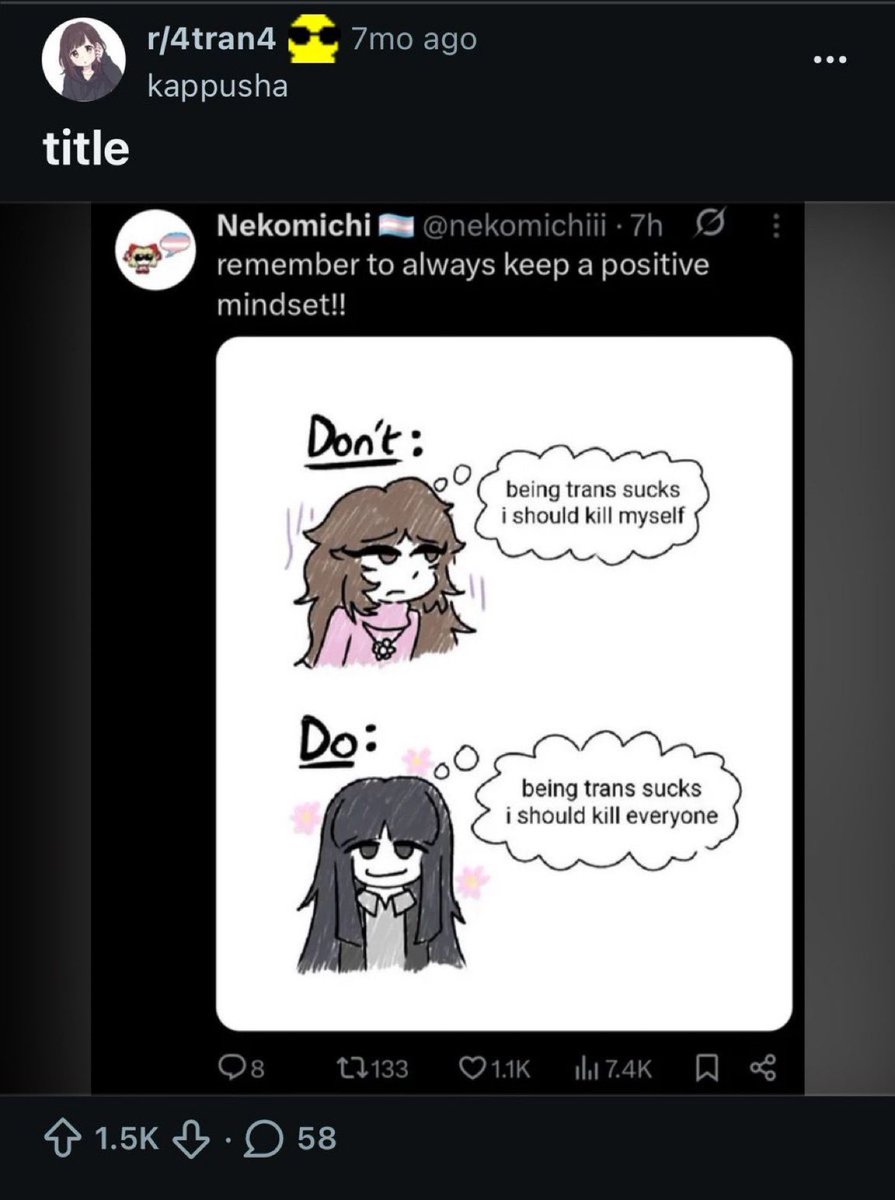 Trans “artwork” over the years went from Steven Universe and Harry Potter characters with mastectomy scars to open fantasies about sex crimes and killing people

Cutesy, childish art intentionally makes brutality easily digestible to make unhinged monsters out of unstable youth