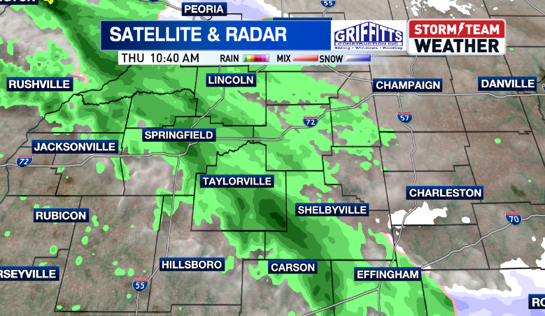 Light rain is moving through Central Illinois. Not all of the rain being picked up on radar is making its way to the surface, but we have raindrops in Springfield. Rain will continue to move east slowly throughout the day.