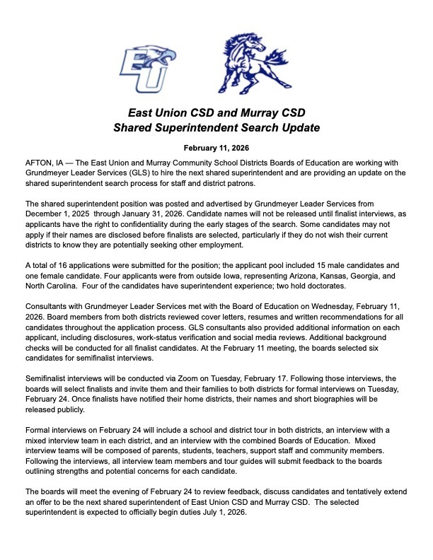 EU_CSD's tweet image. East Union CSD &amp;amp; Murray CSD Update: We are making progress in our shared superintendent search! The Boards have reviewed applications and selected semifinalists for the next round of interviews. Formal interviews with finalists are set for Feb 24. Read the full update here.