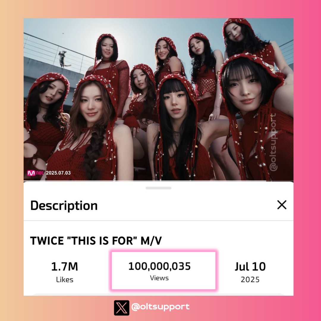 OLTSupport's tweet photo. THIS IS FOR by #TWICE  has surpassed 100,000,000M views on YouTube. Its their 26th MV to do so!!

This is for 100M on YouTube 
#ThisIsFor100MYouTube
#TWICE @JYPETWICE https://t.co/dWVSzUh8Mw