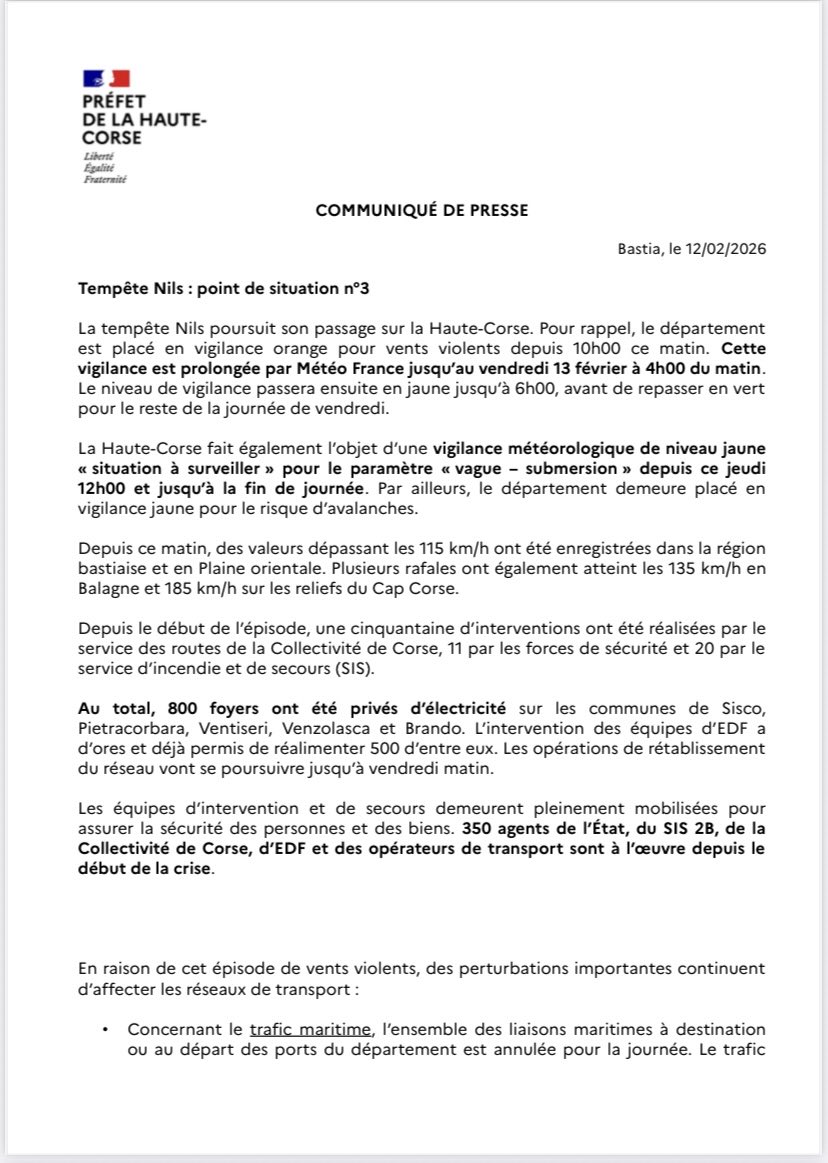 Image de Préfet Haute-Corse - Tempête Nils: Le département est en vigilance orange pour vents violents depuis 10h00 ce matin. Cett