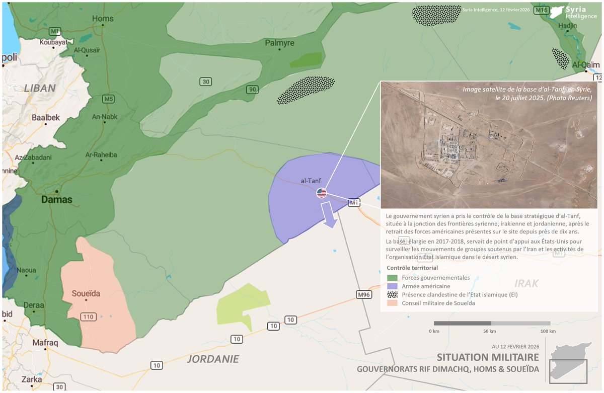 syriaintel's tweet photo. Damas a pris le contrôle de la base stratégique d’al-Tanf, située au point de jonction des frontières syrienne, irakienne et jordanienne, à la suite du retrait des forces américaines présentes sur le site depuis près de dix ans https://t.co/bCMWRzNOEA https://t.co/MRRTjzJwYs