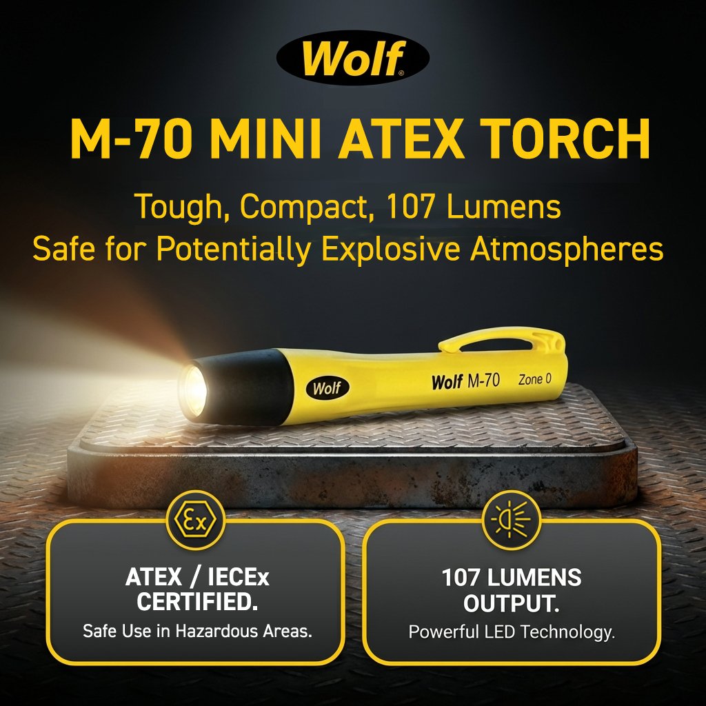Wolfsafety's tweet image. The torch you can take anywhere.

The Wolf M-70 Mini LED Torch is built to meet the toughest safety standards for Hazardous Areas.

It’s ATEX / IECEx certified for Zones 0/20 (gas and dust).

Read more here: bit.ly/4rLFeo7

#ATEX #IECEx #Zone0 #Zone20 #WolfSafety