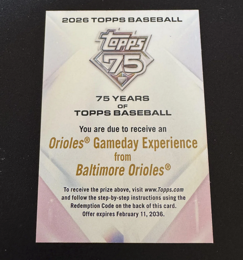 CardPurchaser's tweet photo. The 75 Years of Topps Baseball Orioles GameDay Experience redemption has been found! 

Pulled by u/EazyDAnk on reddit https://t.co/AEoZSCGgmY