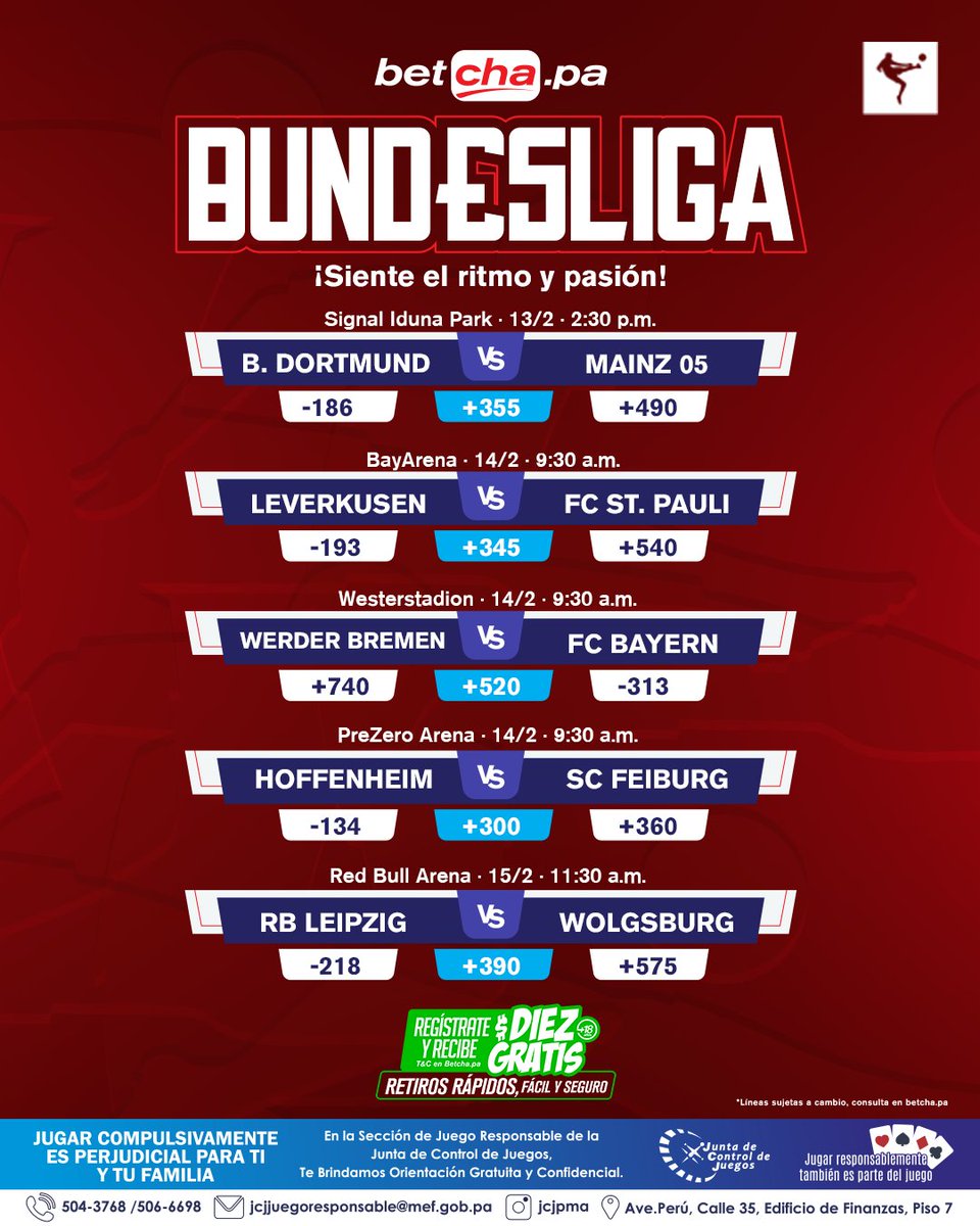 ¡Bundesliga para este fin de semana!

La jornada arranca esta tarde con el duelo entre Borussia Dortmund y Mainz 05, acá te destacamos los mejores partidos para el fin de semana.

¡Elige tus piques y juega en betcha.pa

📲 Regístrate en betcha.pa y