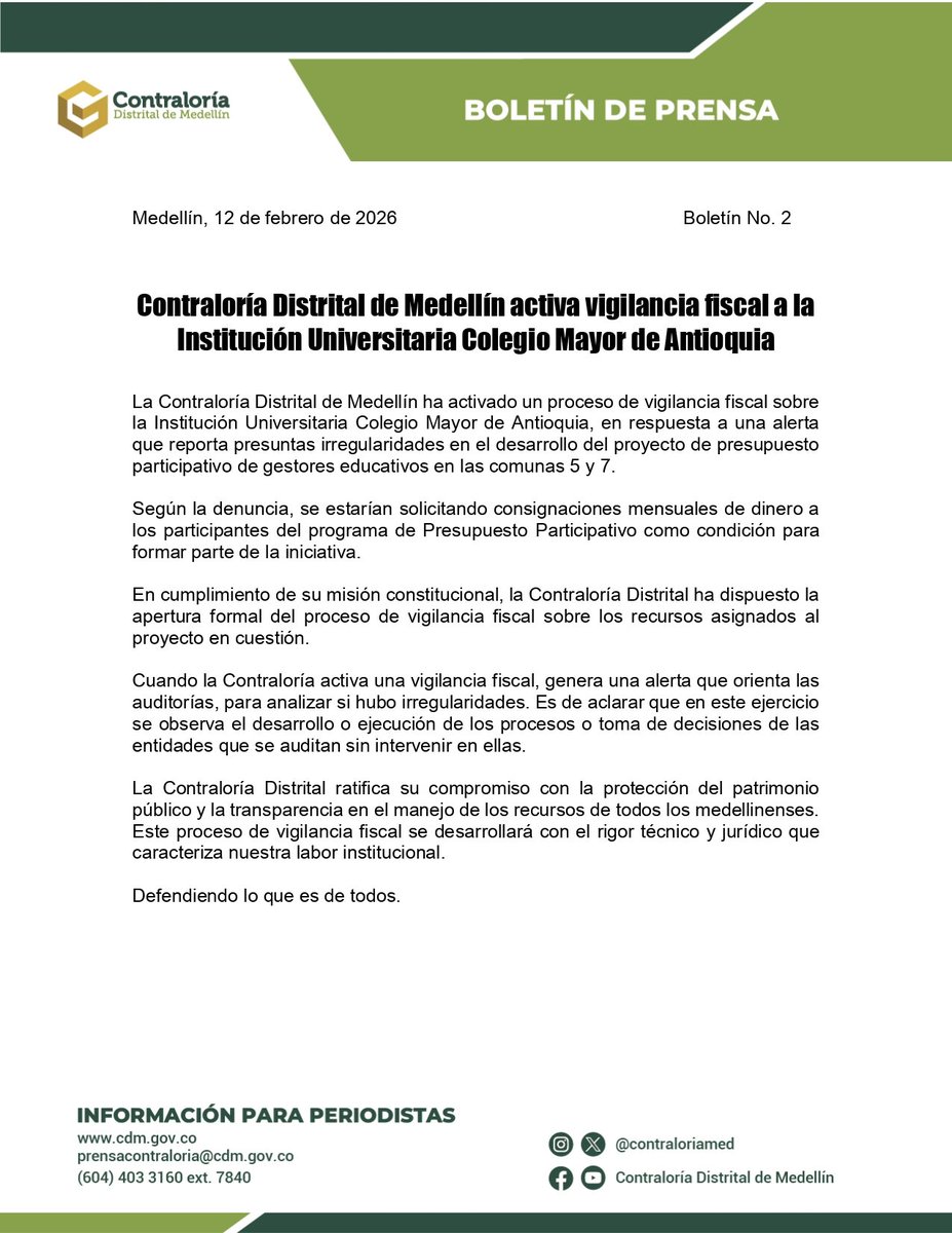 #BoletinDePrensa #2 Contraloría Distrital de Medellín activa vigilancia fiscal a la Institución Universitaria Colegio Mayor de Antioquia <a href="/IUColmayor/">Colmayor de Antioquia</a>