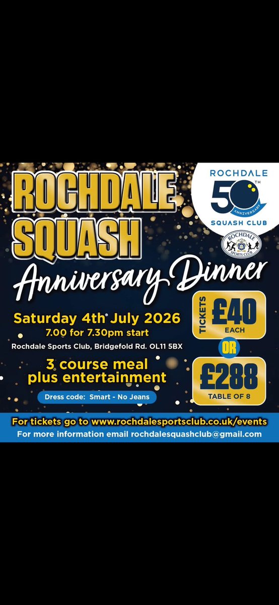 Our squash section are 50 years old 
🎉🥳🍾 come and join us on Saturday 4th July for an evening of celebration’s.

Tickets available through the below link 👍 

rochdalesportsclub.co.uk/event/rochdale…