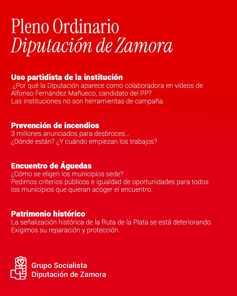 ❤️ Conoce las iniciativas y temas principales que llevamos al Pleno de la Diputación.

La Diputación no puede ser una herramienta partidista.

Debe ser una institución al servicio de todos los municipios de Zamora.

⤵️