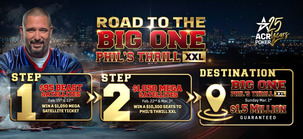 🗣️Sunday, February 15th, is your chance to qualify for 🚨Phil’s Thrill 10k🚨 for just $95!

We’ve put a massive $1.5 million GTD on Phil’s Thrill happening March 1st.

🎉Giveaway (3) $95 Sat. Tickets🎟️

How to enter:
📲 Follow:  @acr_poker (X) / Telegram (link in comments)
❤️