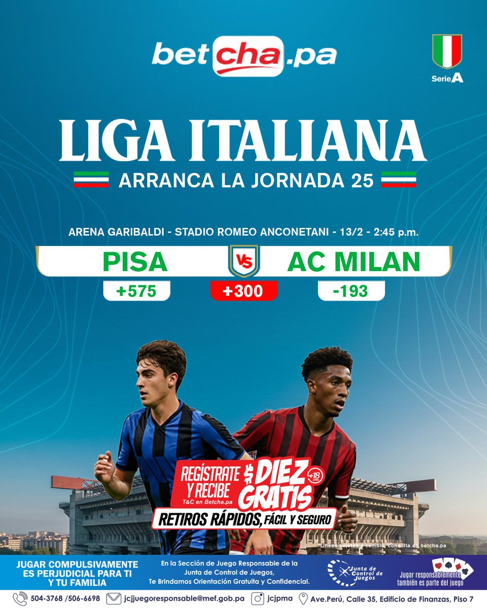 Pisa y Milan abren la jornada 25 del Calcio.

Los Rossneri buscarán sumar para mantenerse en la 2da posición del a tabla mientras que el local necesita sumar para salir de puestos de descenso directo.

¿Pronóstico para hoy?

📲 Regístrate en betcha.pa y recibe $10