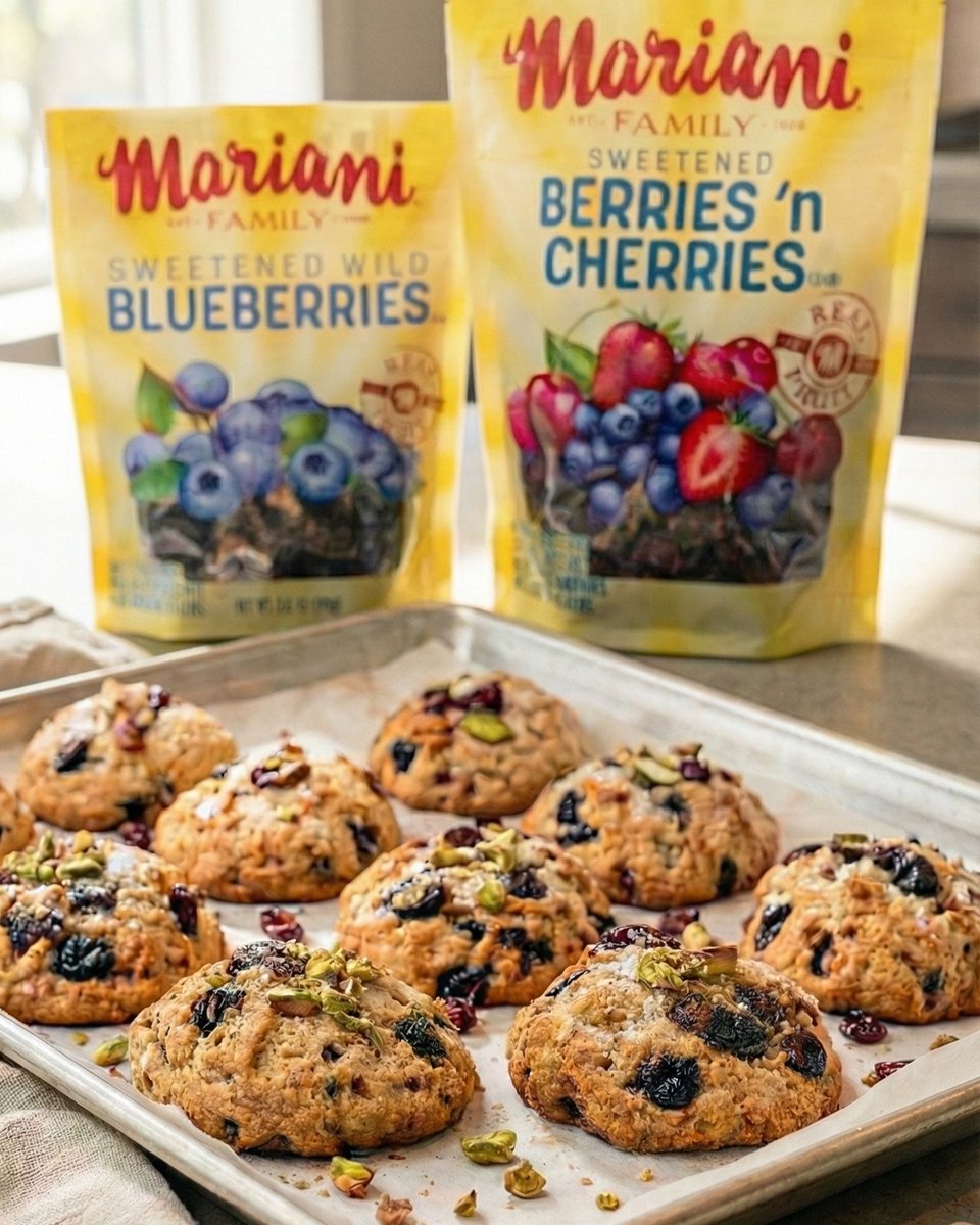 Love notes are nice. Fresh #cookies are louder. 💛🍪Blueberry–White Chocolate Pistachio Cookies recipe here: bit.ly/4tl6TxX

#TheGoodFruitFamily #WildBlueberries #CookieRecipe #ValentinesBaking #HomemadeCookies