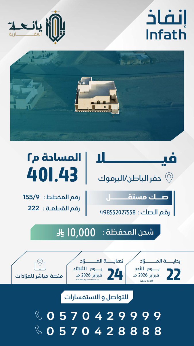 _yanieah's tweet photo. " فيلا بمدينة حفر الباطن حي اليرموك " 

🔸من عاصمة الربيع حيث النماء والازدهار 

تعلن يانعة العقارية عن مزاد " نماء الباطن "
العلني الالكتروني تحت اشراف مركز الإسناد والتصفية #انفاذ وبقرار من محكمة التنفيذ 

📍 عن بيع 4 فرص عقارية مميزة بمدينة حفر الباطن 

للوصول الى المزاد : 
https://t.co/TrntPNalLq

للوصول الى كتيب المزاد : 
https://t.co/B9xeAnAS5l

📆 يبدأ المزاد يوم الاحد 2026/2/22 الساعه 10:00 صباحًا 
📆 ينتهي المزاد يوم الثلاثاء 2026/2/24 مابين الساعه 10 حتى 10:40 مساء

@infath_sa 
@infathAuctions