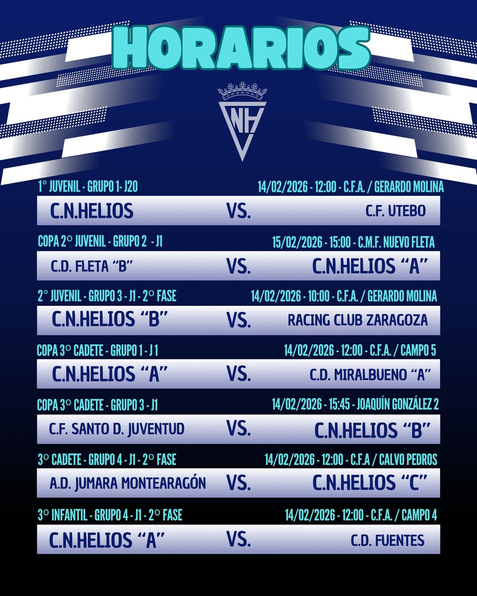 ¡Horarios de la jornada! 📅 Estos son los horarios de todos nuestros equipos para este fin de semana. ¡No te los pierdas! ⚽️🔵⚪

<a href="/cnhelios/">C.N. HELIOS</a>