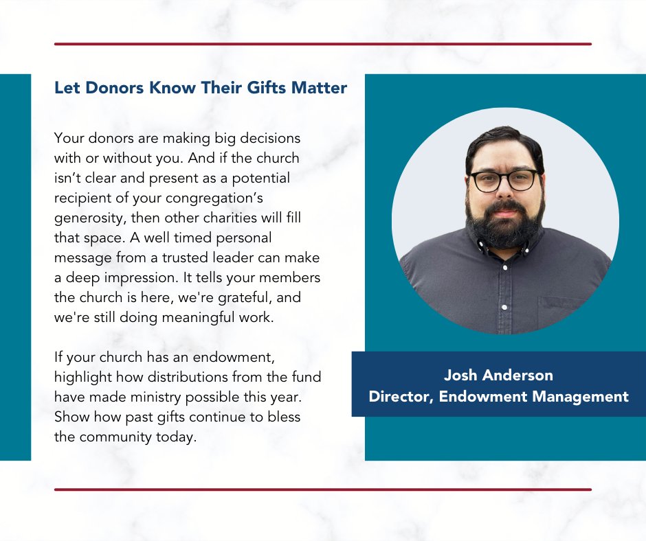 How do you stay top of mind when your donors are deciding where to give? Josh Anderson, Director in ECF’s Endowment Management program, shares how presence, storytelling, and gratitude help your church stand out.