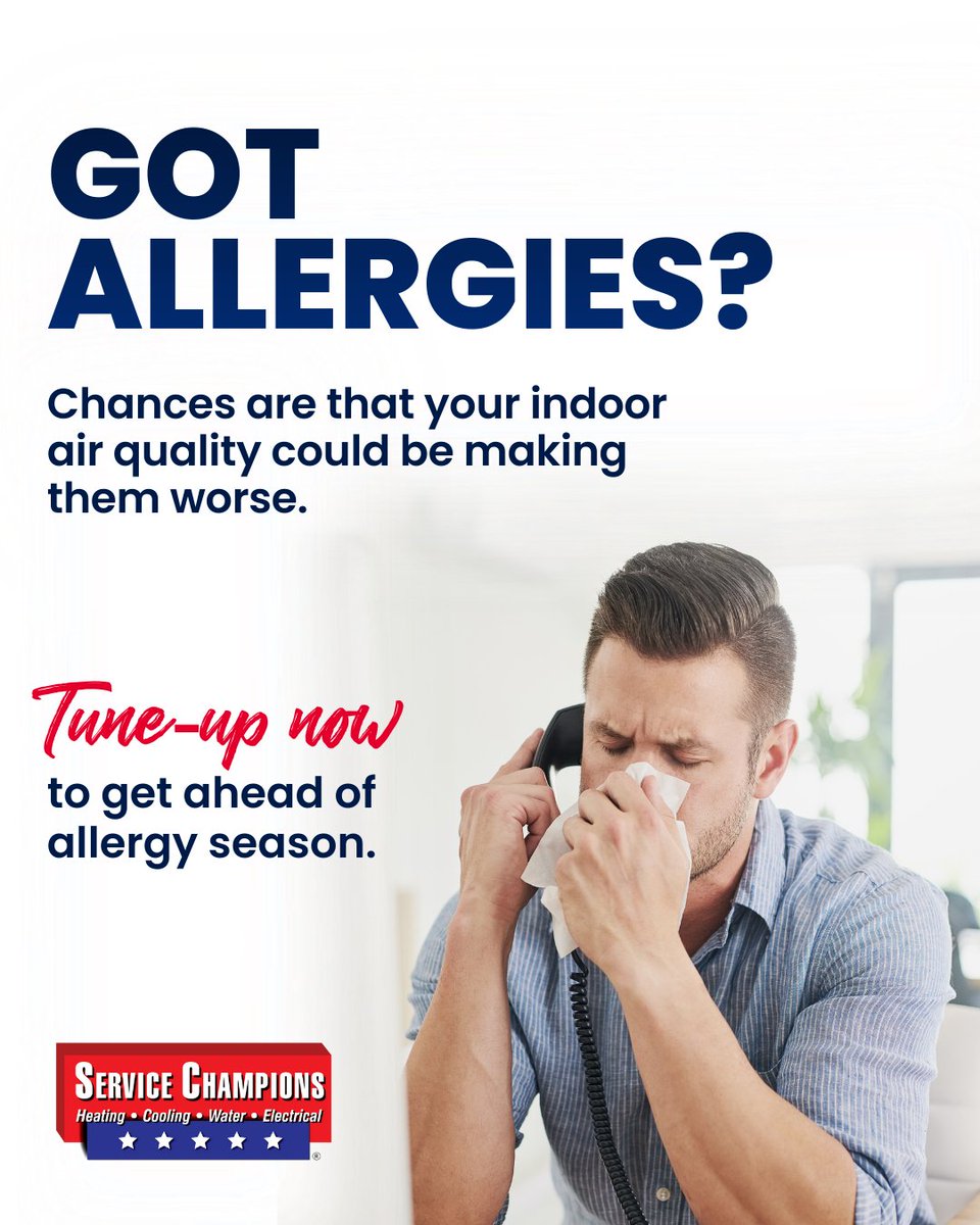 ServiceChampsN's tweet image. If allergies are giving you trouble these days, you're not alone. 

Get ahead of allergy season and book your tune-up today for only $68. Call 800-5-CHAMPS or visit servicechampions.net. 

#HVACTuneUp #FurnaceMaintenance #allergyseason