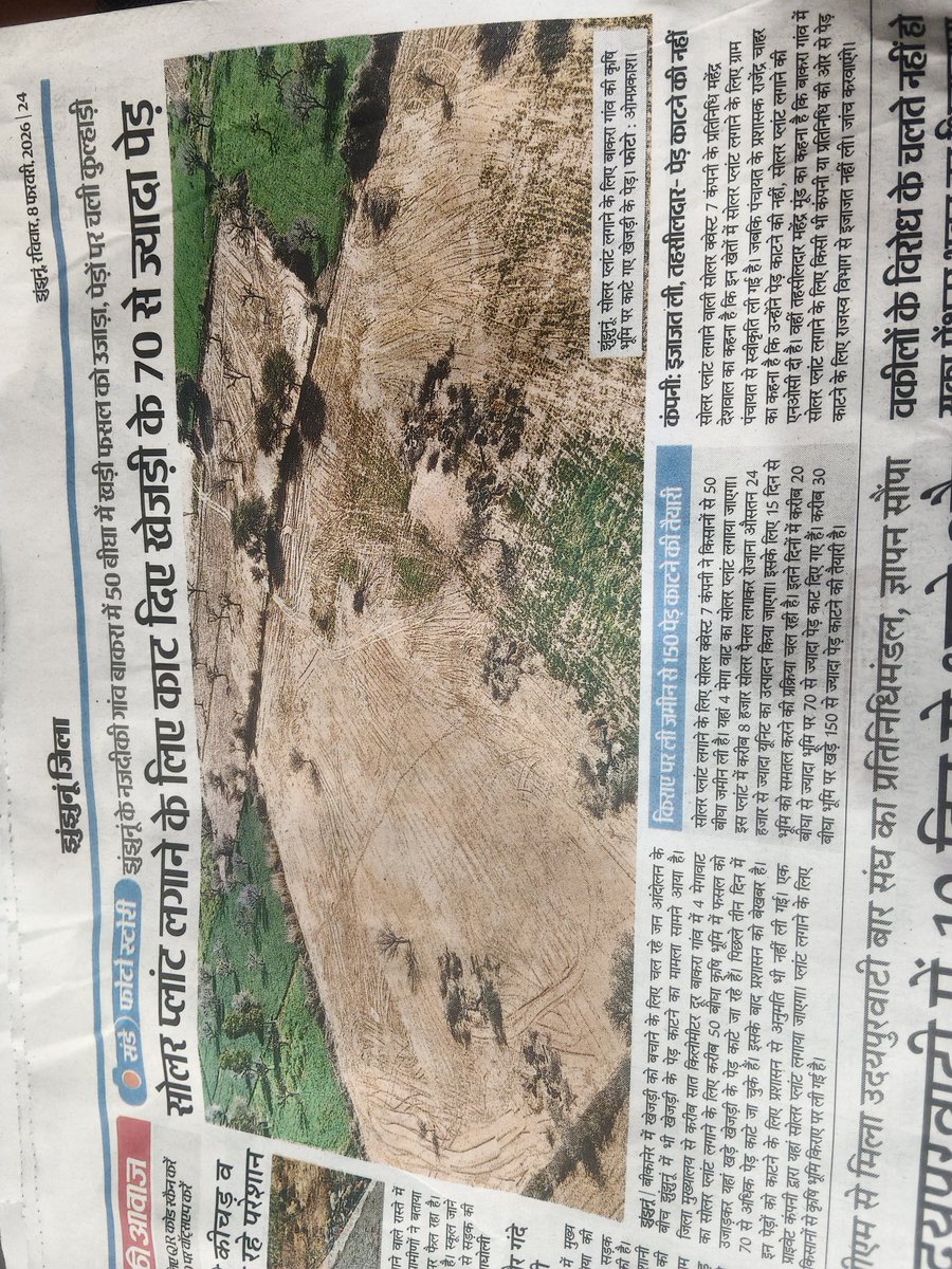 सोलर प्लांट लगाने वाली कंपनियों ने झुंझुनूं में #खेजड़ी काटी।
मगर प्रशासन ने कोई कार्यवाही नहीं की।।