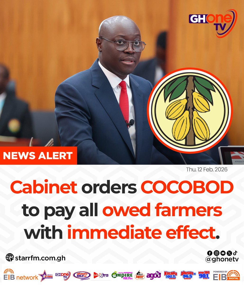 ghonetv's tweet photo. Cabinet orders COCOBOD to pay all owed farmers with immediate effect...

#GHOneNews #EIBNetwork 
#GHOneTV #NewsAlert https://t.co/kwt9qQbl5d