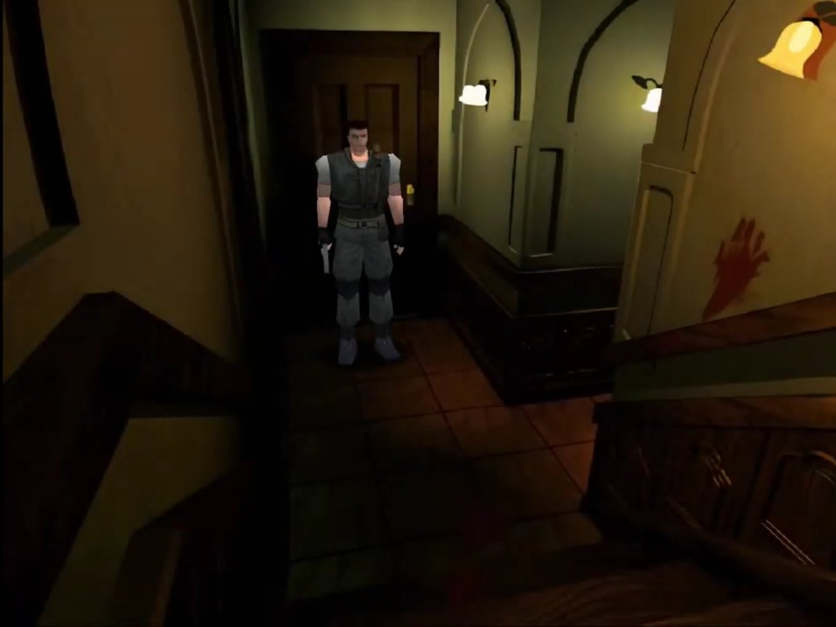 RacconSurvivor's tweet image. In RE5, there's a single handprint on the wall near the door in the room where Alpha team died, referencing the iconic RE1 handprint outside Yawn's room, left behind by Richard as he escaped, a tragic parallel to Alpha team as they tried to escape “Uroboros” #REBHFun