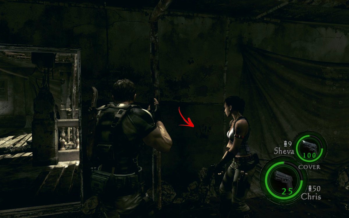 RacconSurvivor's tweet image. In RE5, there's a single handprint on the wall near the door in the room where Alpha team died, referencing the iconic RE1 handprint outside Yawn's room, left behind by Richard as he escaped, a tragic parallel to Alpha team as they tried to escape “Uroboros” #REBHFun