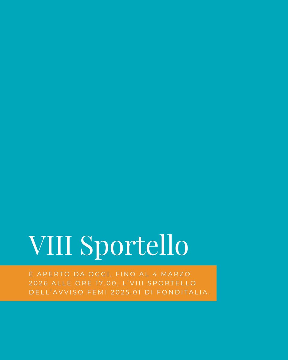 VIII Sportello
Il CdA di FondItalia, nella seduta del 12.02.2026, ha deliberato una proroga generale relativa al termine dell’Avviso FEMI e delle Linee Guida 2025.01, disponendo l’apertura di un VIII Sportello straordinario per gli Assi 1-2-3. Data apertura: 13 febbraio h. 12:00