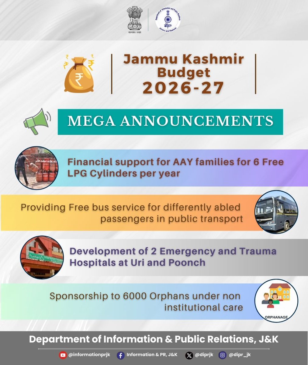 📢✨ Jammu &amp; Kashmir Budget 2026–27: Mega Announcements 🚀🏔️

#JKBudget2026 #MegaAnnouncements #DevelopmentAgenda #ViksitJK #GrowthStory #NewBeginnings <a href="/OfficeOfLGJandK/">Office of LG J&K</a> <a href="/CM_JnK/">Office of Chief Minister, J&K</a> <a href="/NitishRajora_/">Nitish Rajora</a>