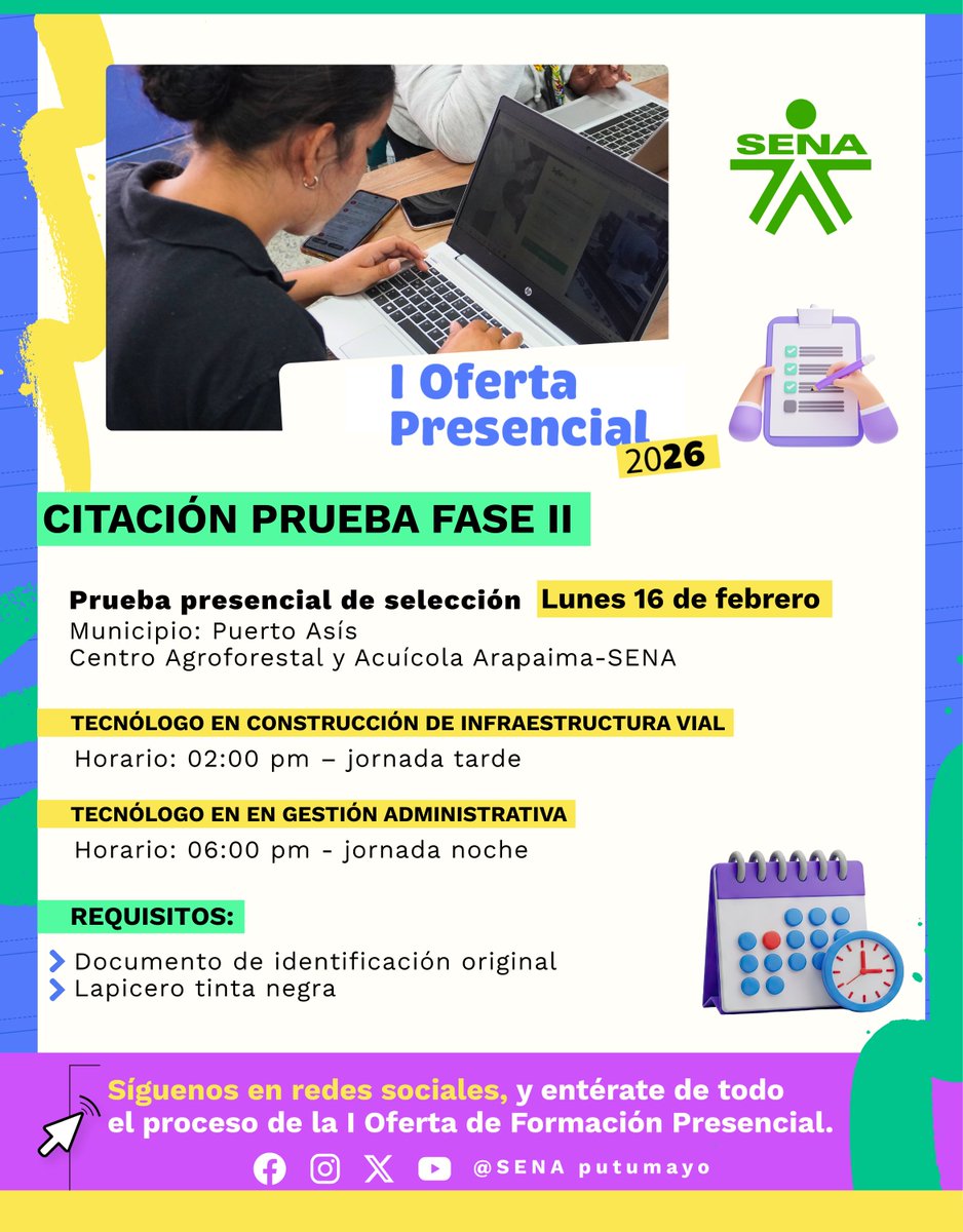 📢 Puerto Asís

Citación a Prueba Fase II  para los programas Tecnólogo en Construcción de Infraestructura Vial y Tecnólogo en Gestión Administrativa.

Consulta la información completa y prepárate para avanzar en tu proceso con el SENA 💚

#SENAPutumayo