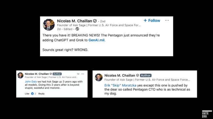 hntrbrkmedia's tweet photo. https://t.co/rP2Z68fRS9 ( $BBAI ) spent $250M acquiring a military AI chatbot called Ask Sage. 29 days later, the Pentagon launched a free alternative and ordered 3 million personnel to use it. The Ask Sage founder—recently named BigBear's CTO—is melting down on LinkedIn. https://t.co/FlbvUHvobp