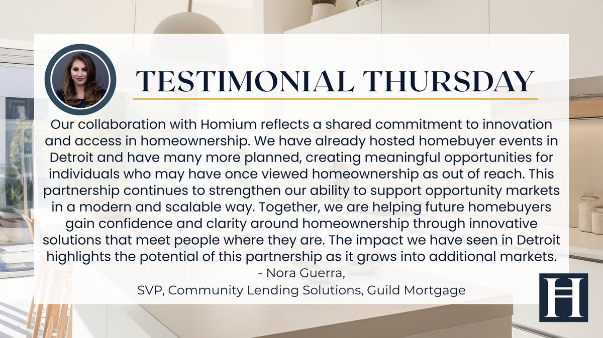 homium's tweet photo. What if expanding homeownership required alignment, not additional debt?
Through shared appreciation with Guild Mortgage, Homium is helping create transparent, stability-focused pathways designed for long-term outcomes.
#TestimonialThursday #Homium #GuildMortgage #NoraGuerra https://t.co/VyAuHGa0bL