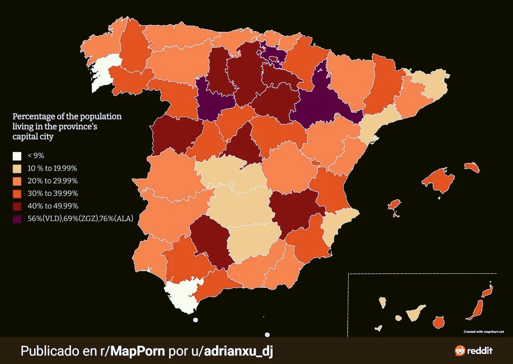 ToberZamoe's tweet photo. Mapa del peso demográfico de la capital sobre el total provincial. 

🥇 Álava – 76%
🥈 Zaragoza – 69%
🥉 Valladolid – 56% https://t.co/EJf0bQcOko