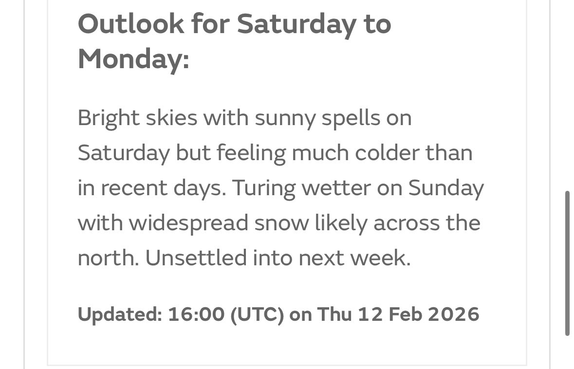 MetRyan96's tweet image. Interesting from Met Office 

“Widespread snow likely across the North” (For Sunday)

It is still possible that areas further South will see snow falling and perhaps accumulating 

#UKweather #UKsnow #LakeDistrict