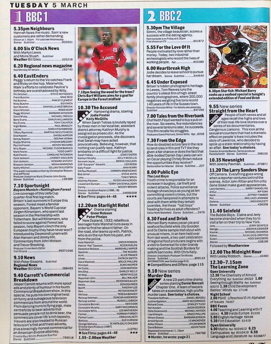 TvDidYouSee's tweet photo. #OnThisDay 5 March 1996 📺TV Listings
#StevenBochco's new crime drama MURDER ONE comes to BBC2.
#RussAbbott stars in MARRIED FOR LIFE, an adaptation of US sitcom Married With Children.
Peggy returns to the Vic in #EastEnders.
#JasperCarrott with CARROTT'S COMERCIAL BREAKDOWN. https://t.co/5azt4h93Gl