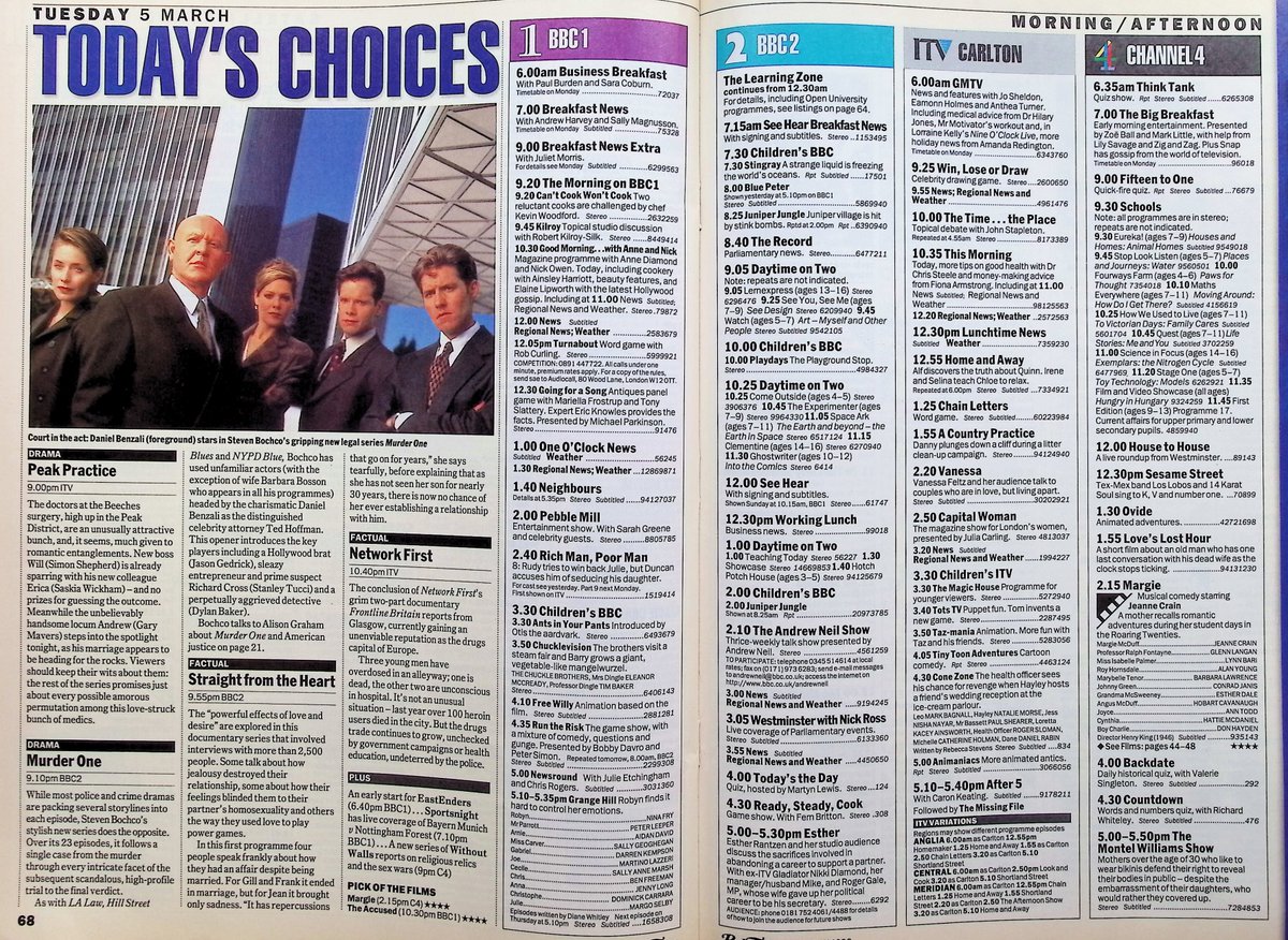 TvDidYouSee's tweet photo. #OnThisDay 5 March 1996 📺TV Listings
#StevenBochco's new crime drama MURDER ONE comes to BBC2.
#RussAbbott stars in MARRIED FOR LIFE, an adaptation of US sitcom Married With Children.
Peggy returns to the Vic in #EastEnders.
#JasperCarrott with CARROTT'S COMERCIAL BREAKDOWN. https://t.co/5azt4h93Gl